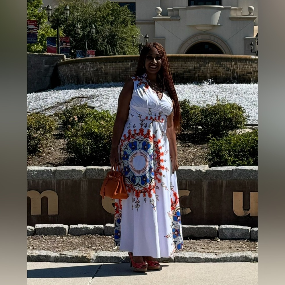 Elegant White, Orange and Blue Maxi Dress
